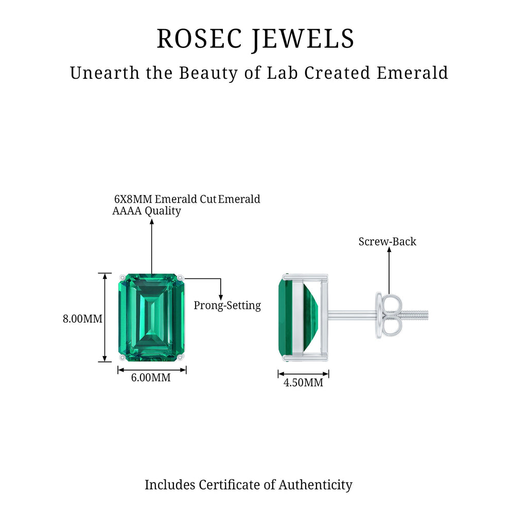 3 Carat Emerald Cut Lab Grown Emerald Solitaire Stud Earrings