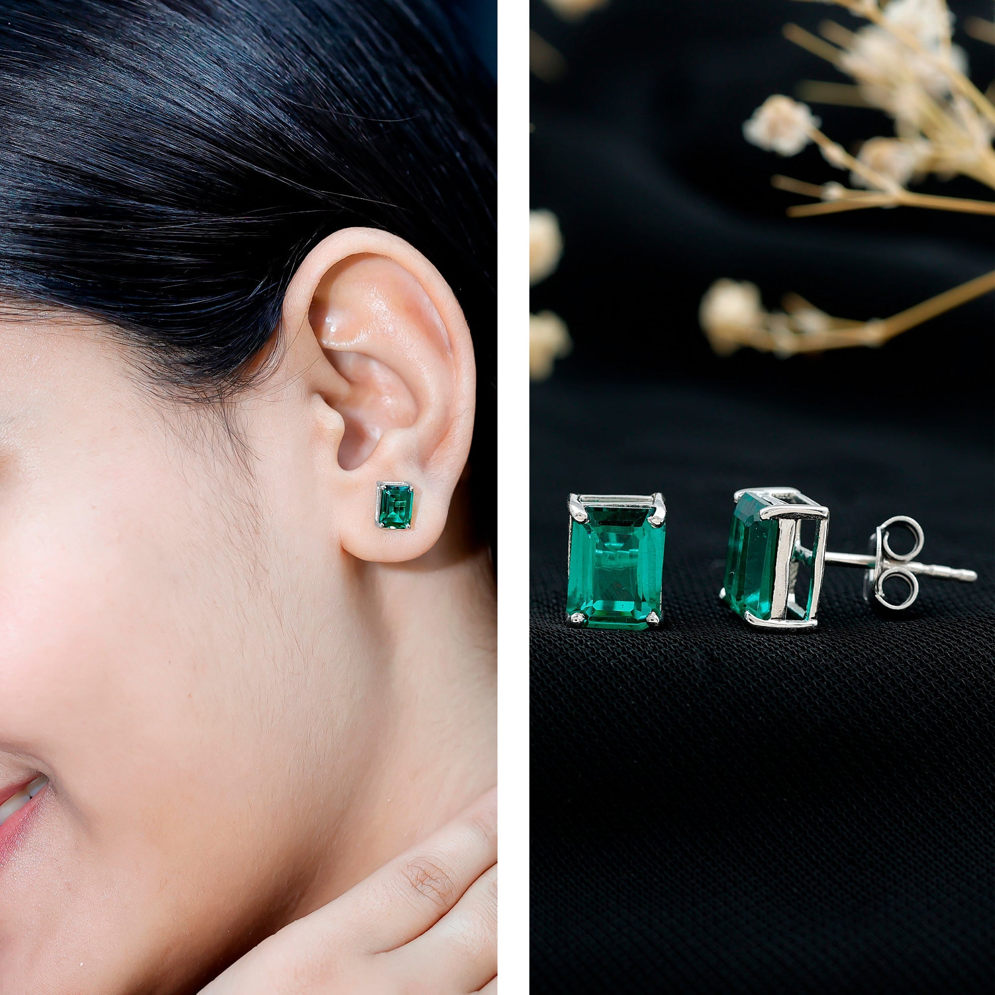 3 Carat Emerald Cut Lab Grown Emerald Solitaire Stud Earrings