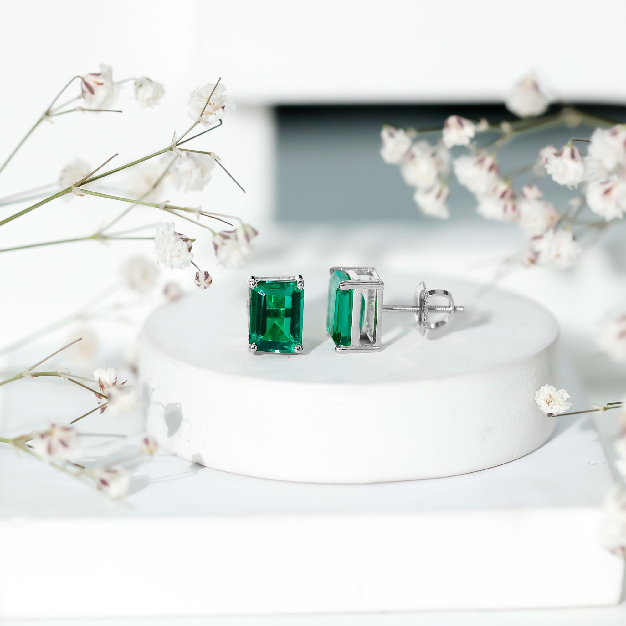 3 Carat Emerald Cut Lab Grown Emerald Solitaire Stud Earrings