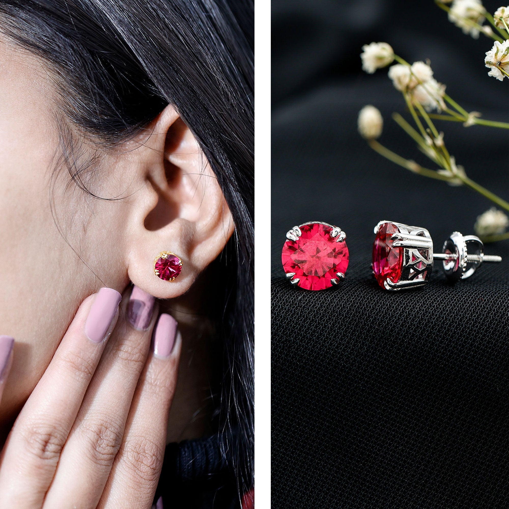 Lab Created Ruby Stud Earring in Double Claw Prong Setting