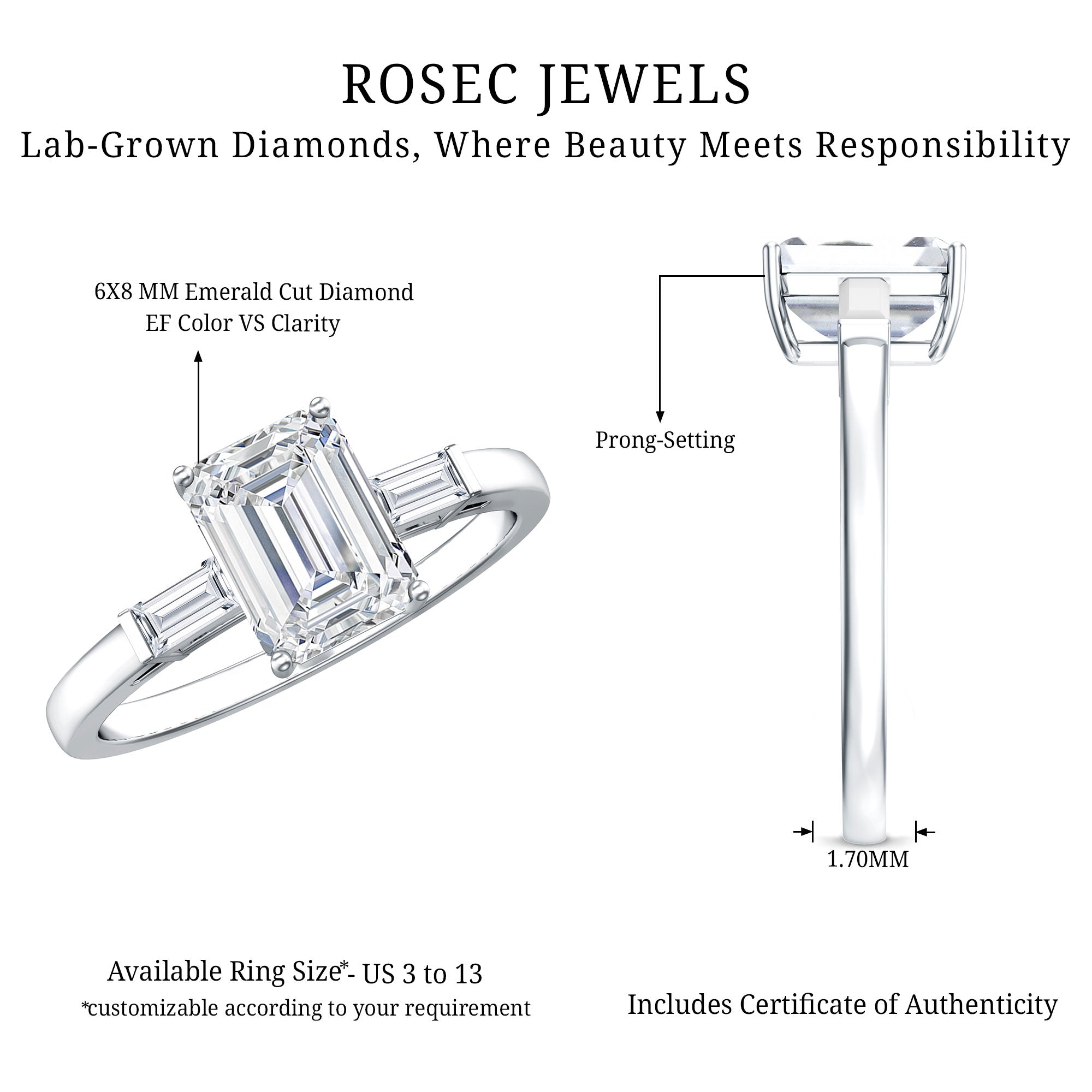 2 CT Lab Grown Diamond Emerald Cut Engagement Ring