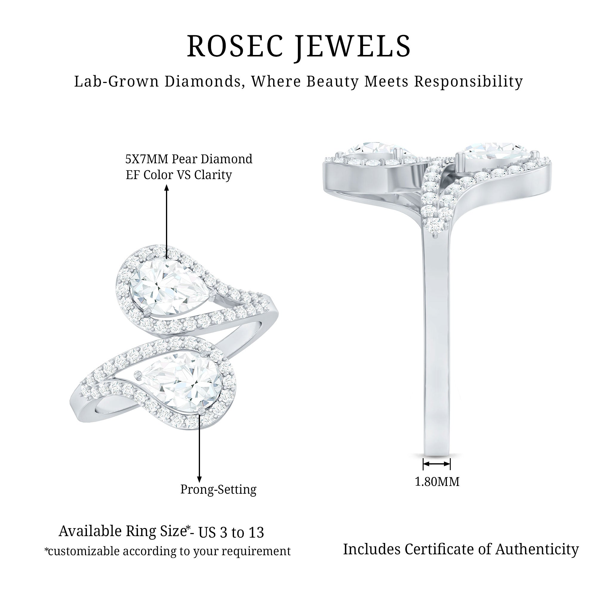 Certified Lab Diamond Toi Et Moi Designer Engagement Ring