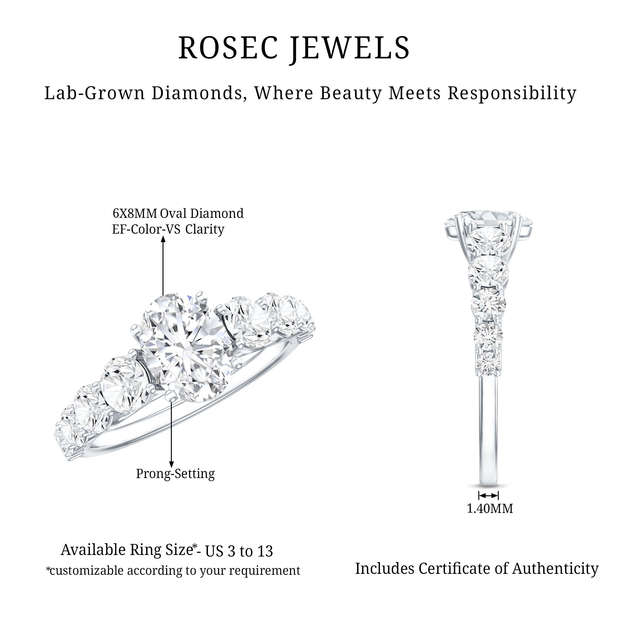 Lab Grown Diamond 6X8 MM Oval Engagement Ring With Side Stones