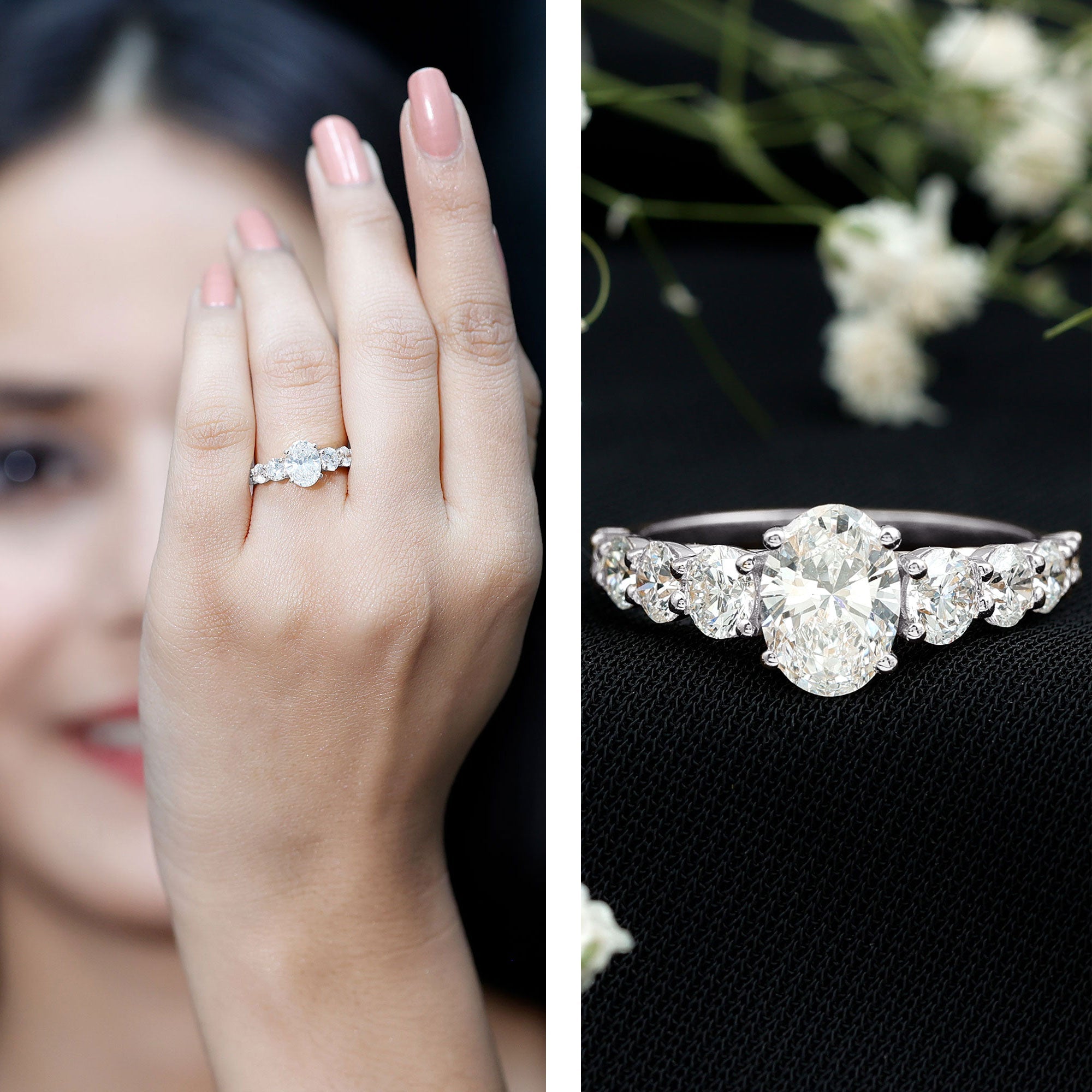 Lab Grown Diamond 6X8 MM Oval Engagement Ring With Side Stones