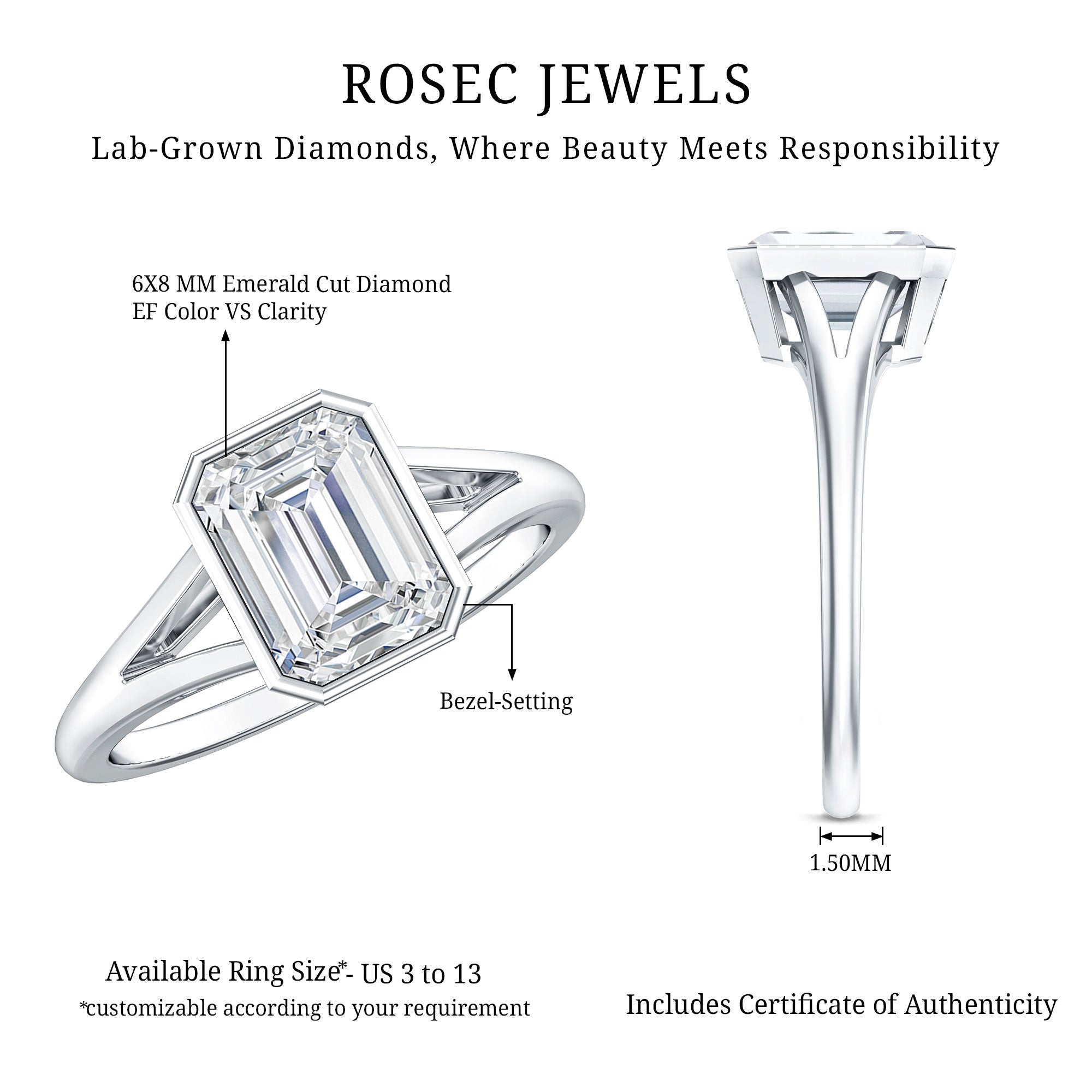 Certified Lab Grown Diamond 6X8 MM Emerald Cut Engagement Ring