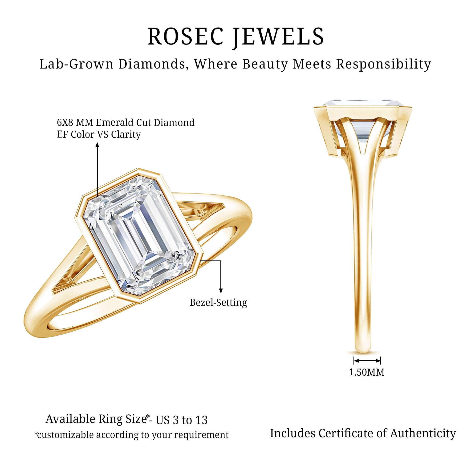 Certified Lab Grown Diamond 6X8 MM Emerald Cut Engagement Ring