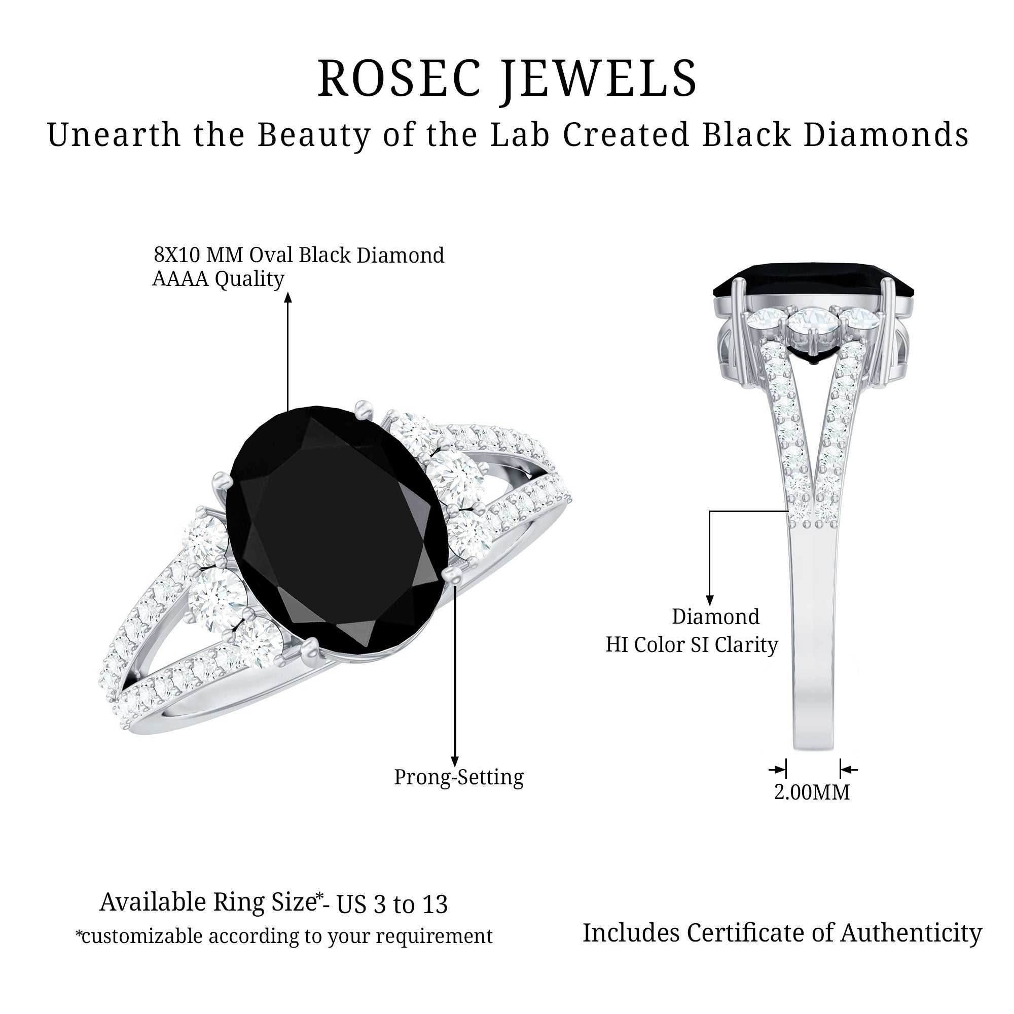 4.2 Carat Lab Grown Black Diamond Oval Engagement Ring with White Diamond Split Shank