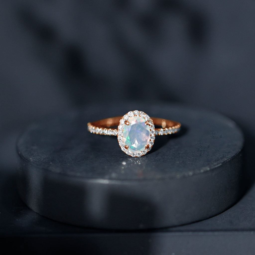 Certified Real 6X8mm Ethiopian Opal Oval Engagement Ring with Diamond Halo