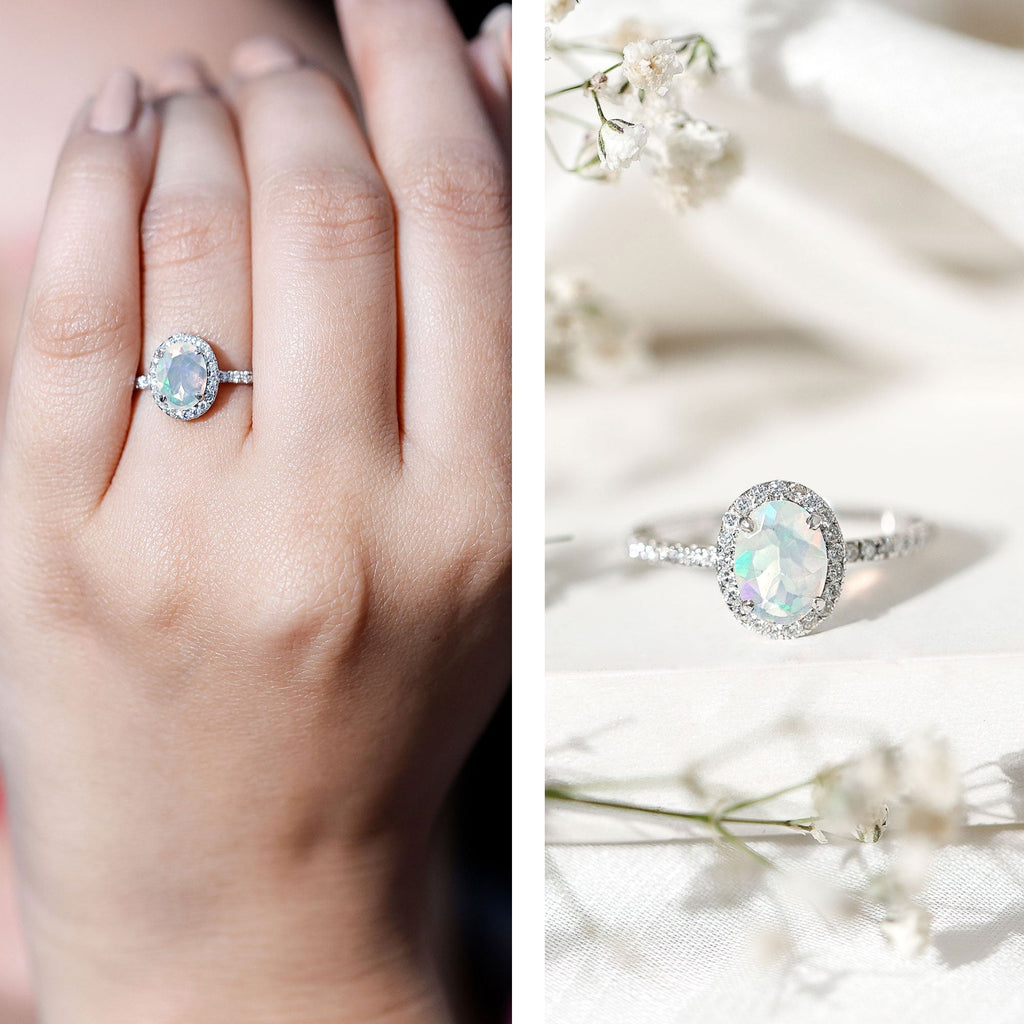 Certified Real 6X8mm Ethiopian Opal Oval Engagement Ring with Diamond Halo