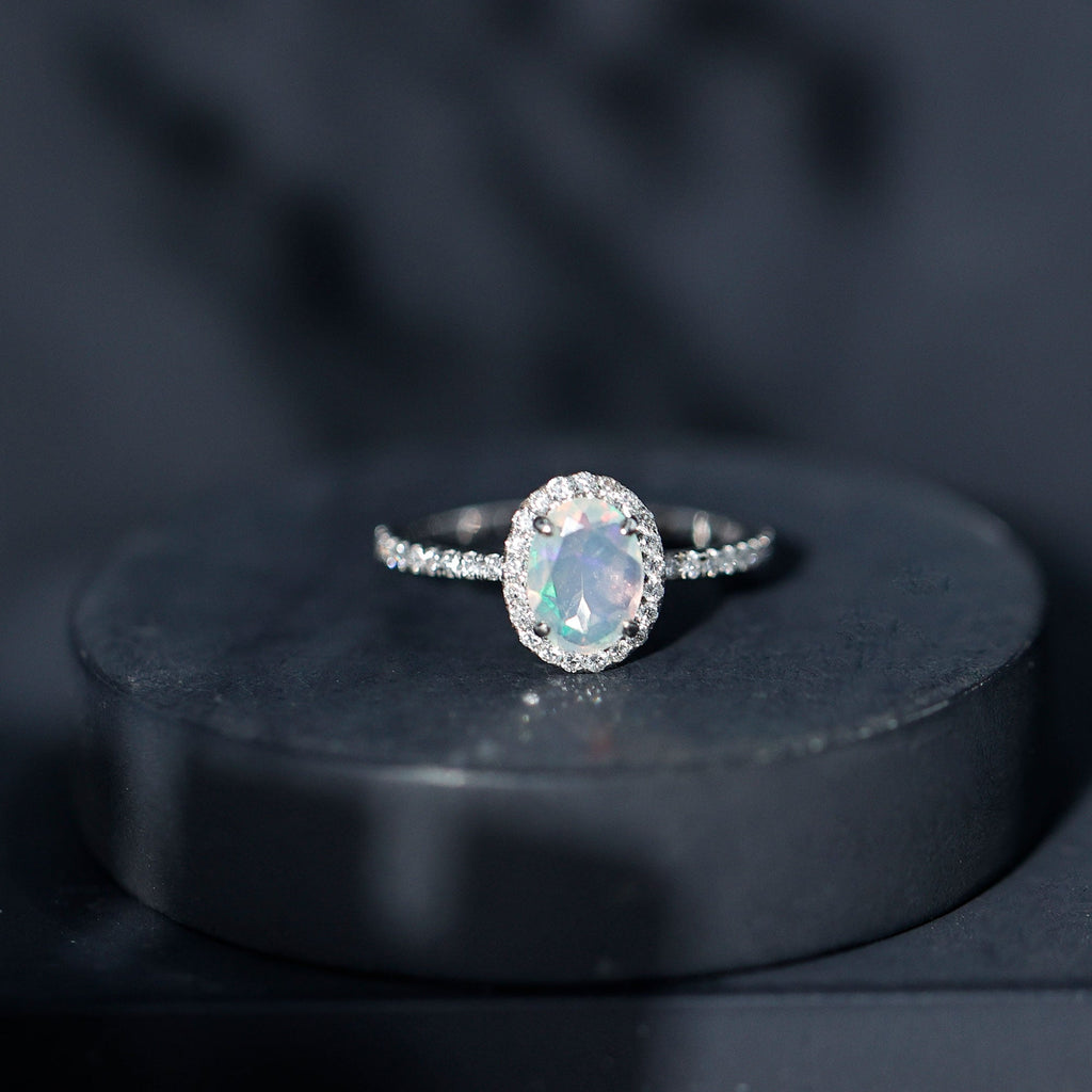 Certified Real 6X8mm Ethiopian Opal Oval Engagement Ring with Diamond Halo