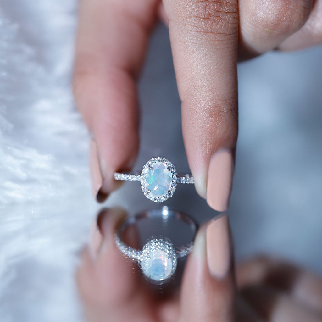 Certified Real 6X8mm Ethiopian Opal Oval Engagement Ring with Diamond Halo