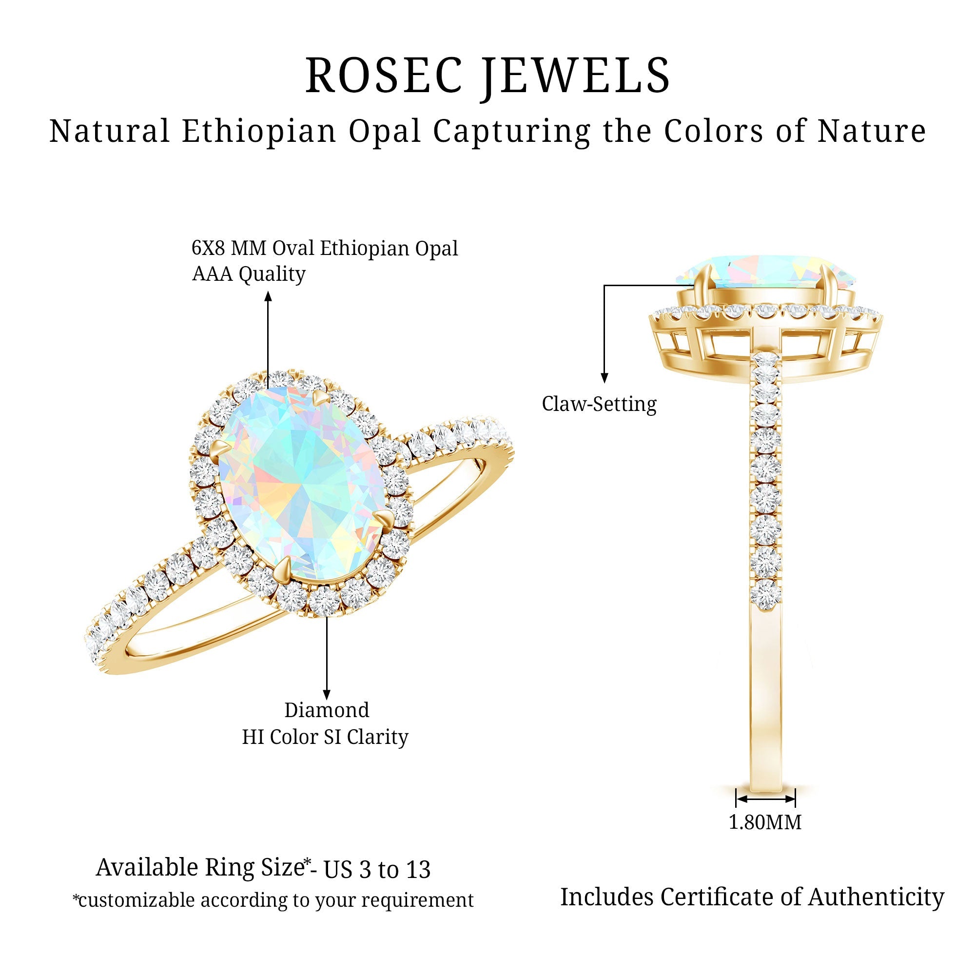 Certified Real 6X8mm Ethiopian Opal Oval Engagement Ring with Diamond Halo