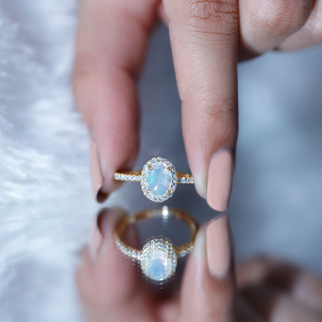 Certified Real 6X8mm Ethiopian Opal Oval Engagement Ring with Diamond Halo