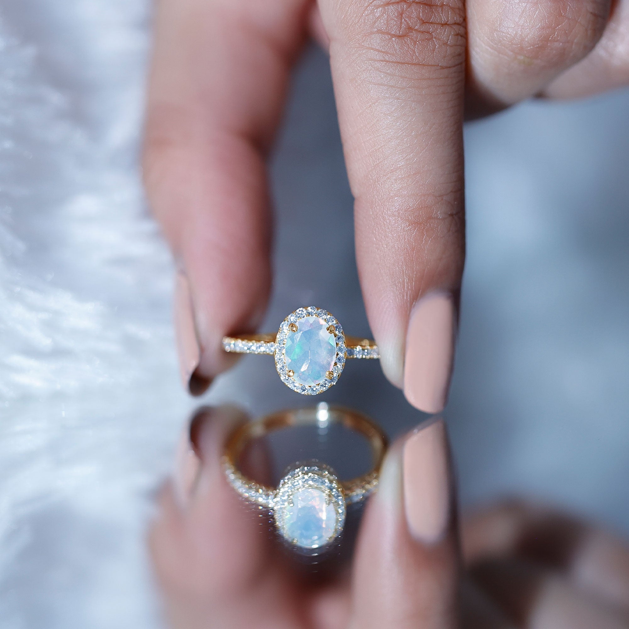 Certified Real 6X8mm Ethiopian Opal Oval Engagement Ring with Diamond Halo