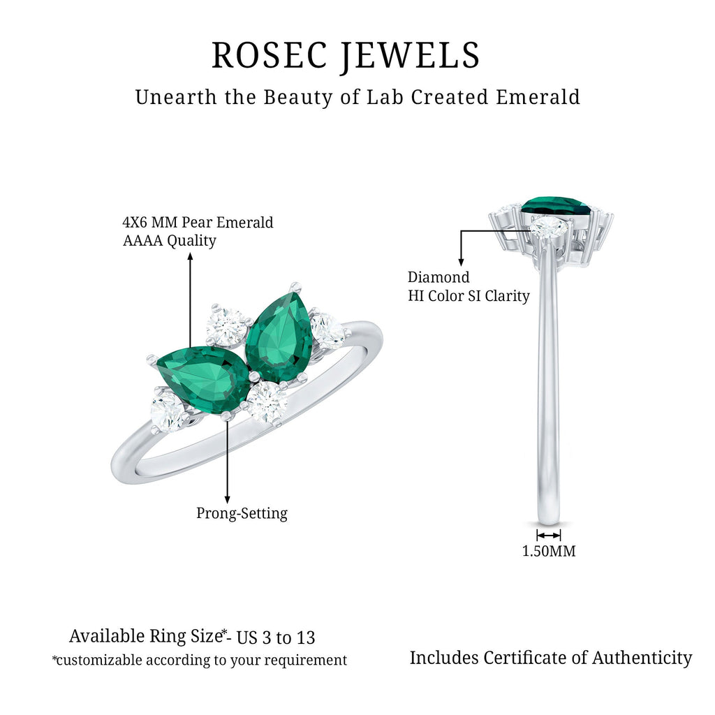 Designer Pear Shape Lab Grown Emerald Toi Et Moi Engagement Ring with Diamond
