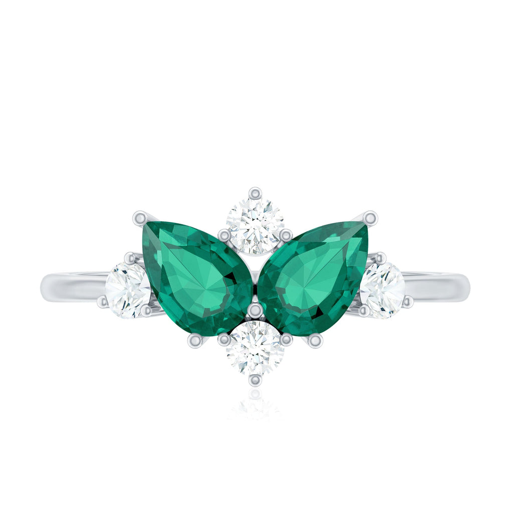 Designer Pear Shape Lab Grown Emerald Toi Et Moi Engagement Ring with Diamond